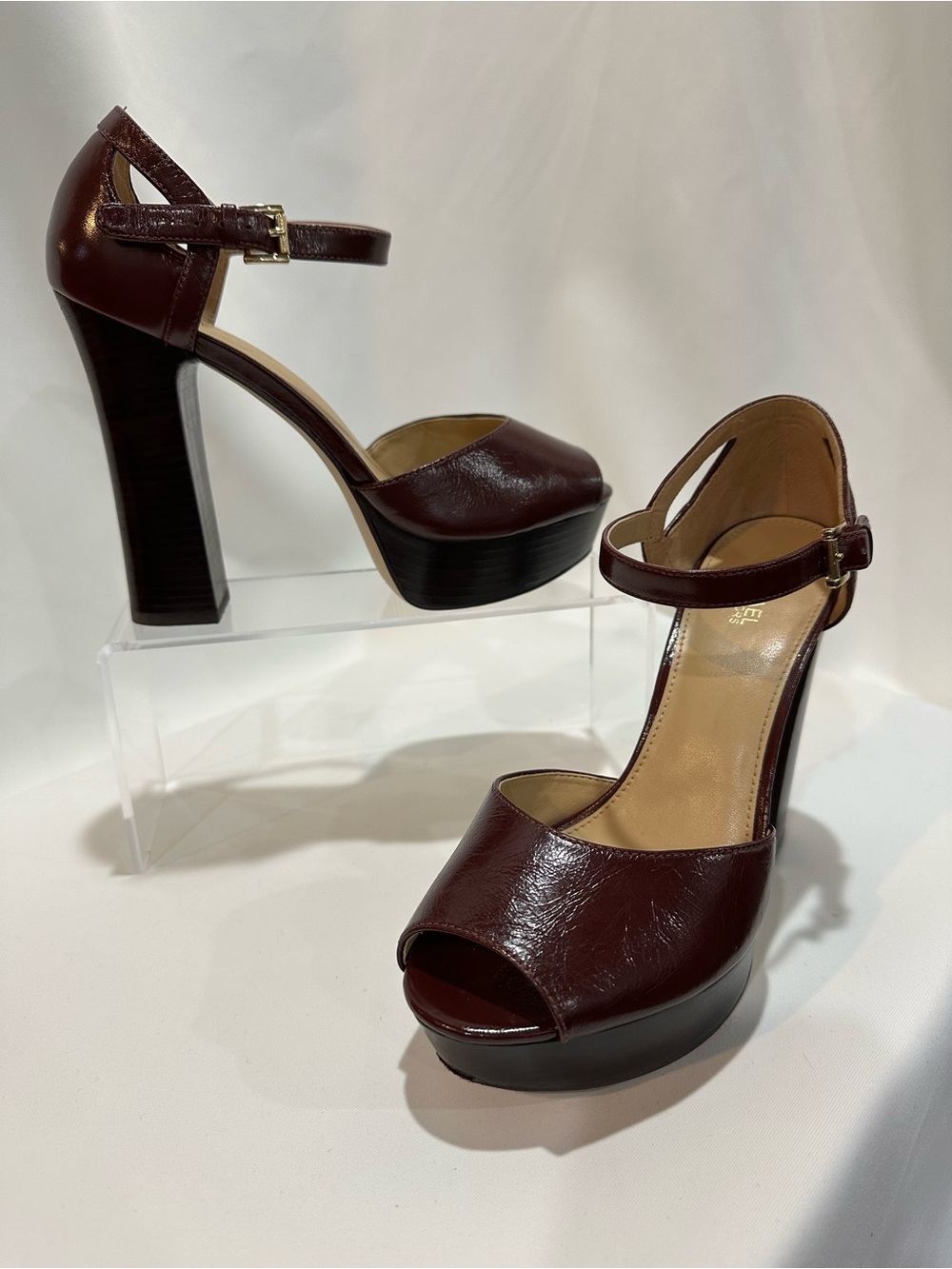 Michael Kors Wine Leather Platform Peep-Toe Ankle Strap Heels
